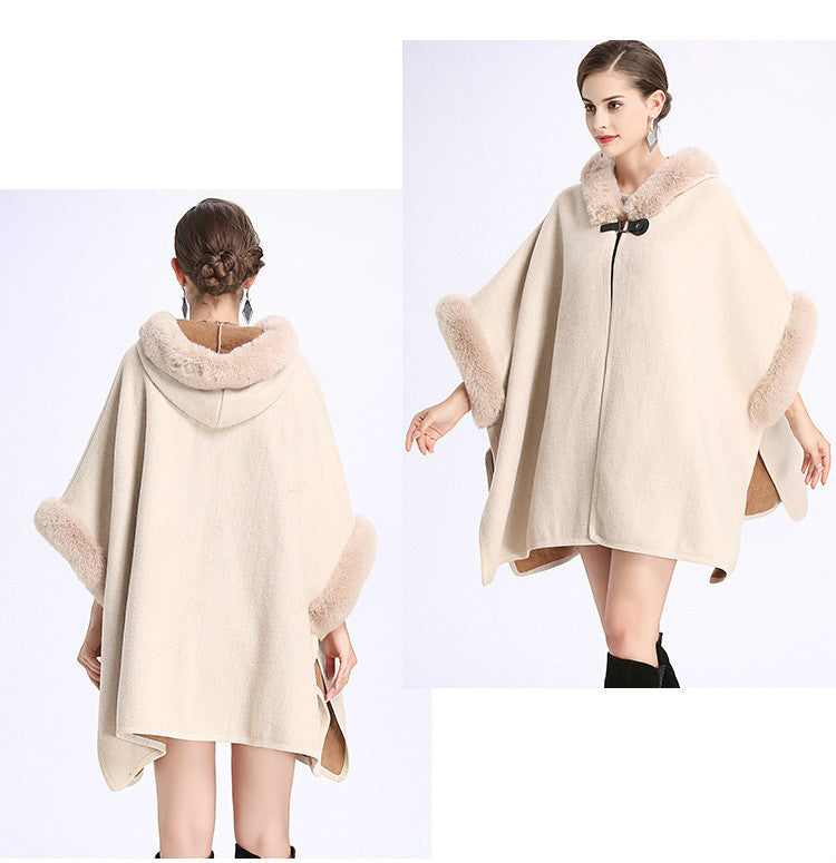 New Leather Ring Hooded Shawl Poncho - White - RokensCollection