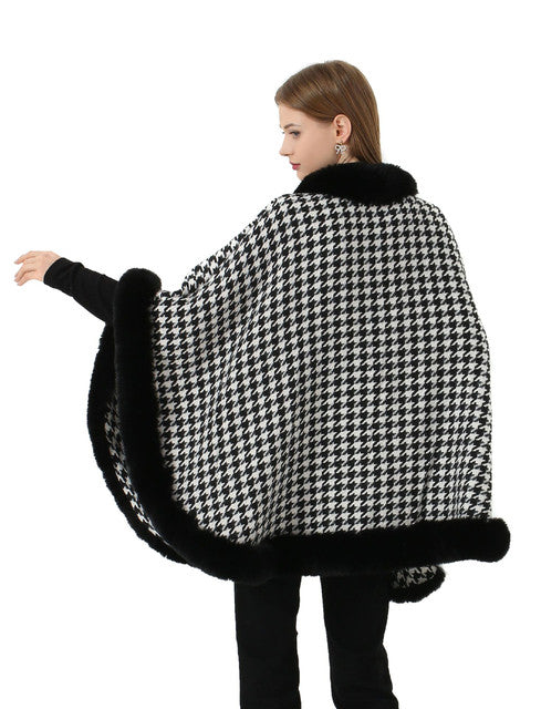 Houndstooth Single Wrap Fur Edge Poncho- Black - RokensCollection