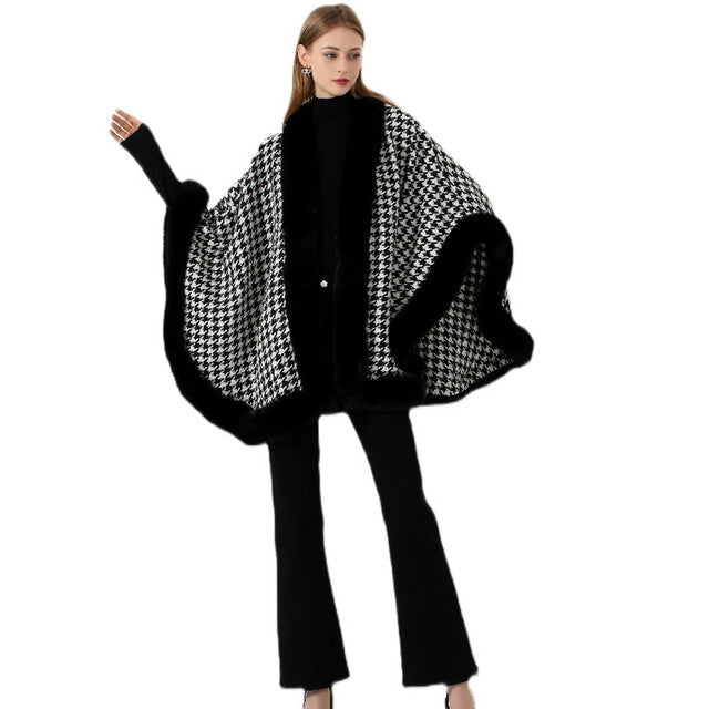 Houndstooth Single Wrap Fur Edge Poncho- Black - RokensCollection