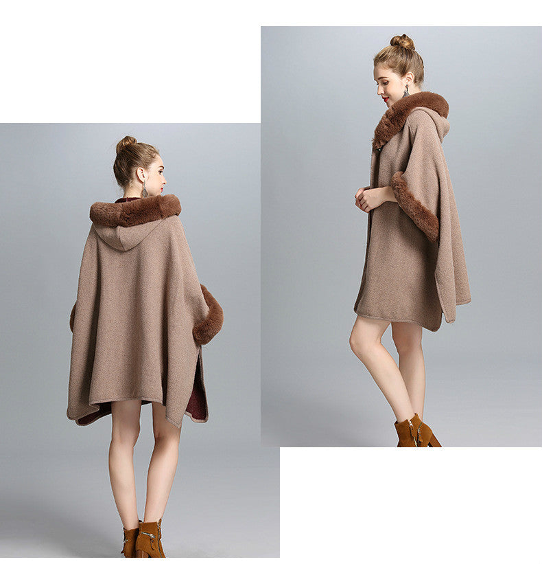 New Leather Ring Hooded Shawl Poncho - Brown - RokensCollection