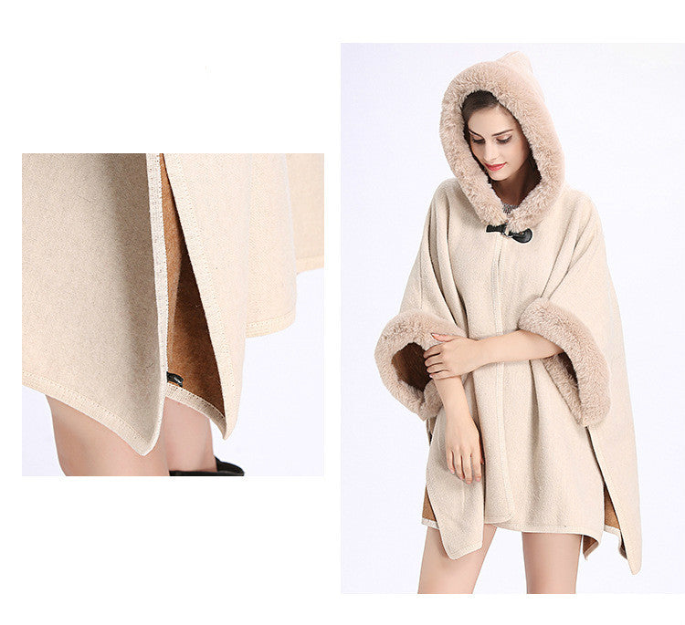 New Leather Ring Hooded Shawl Poncho - White - RokensCollection