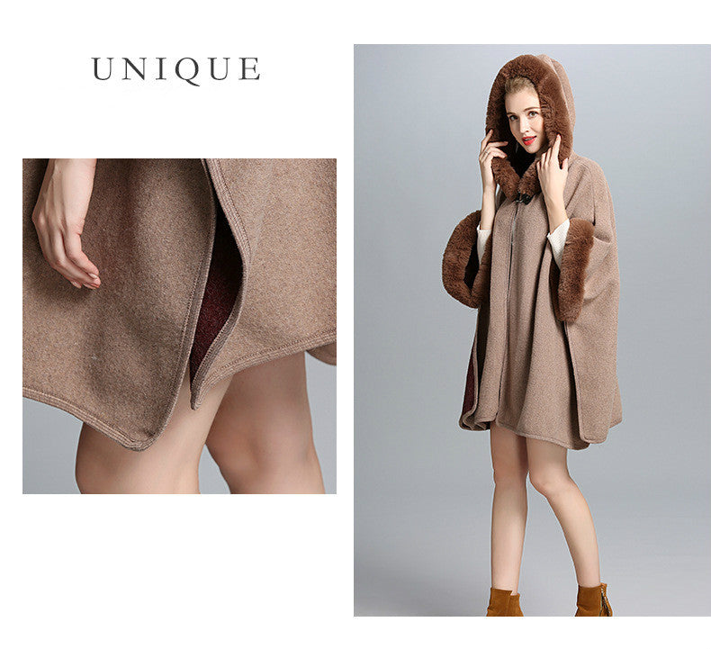 New Leather Ring Hooded Shawl Poncho - Brown - RokensCollection