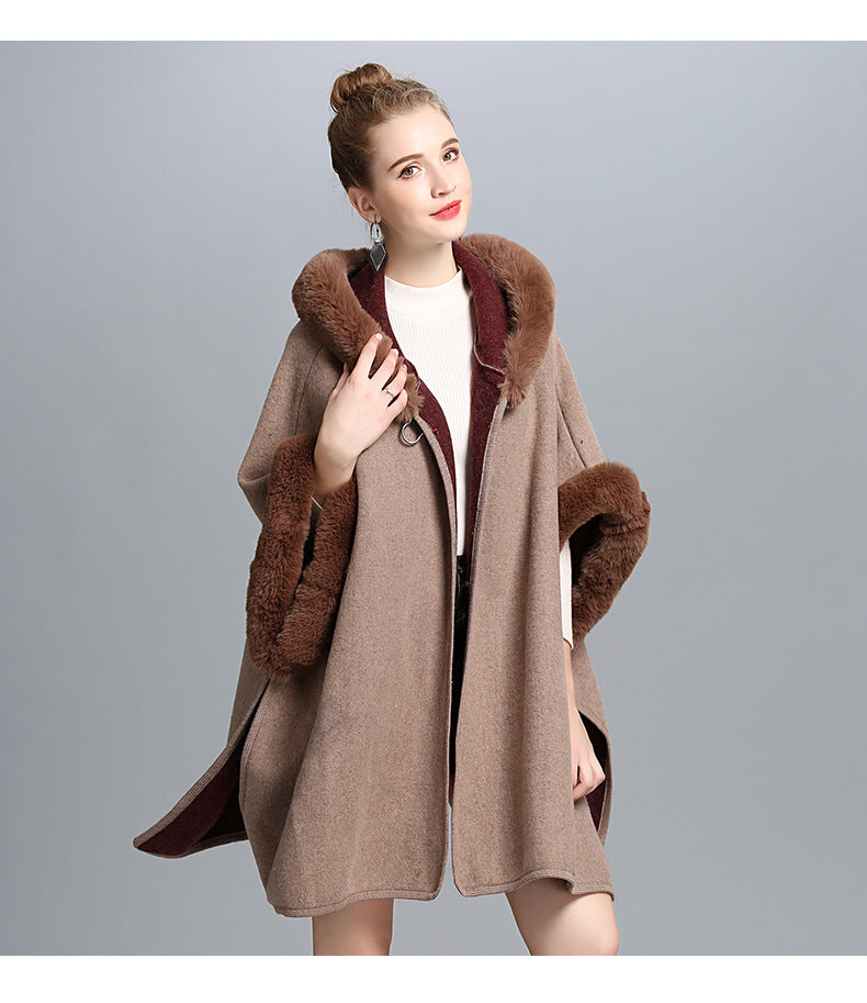 New Leather Ring Hooded Shawl Poncho - Brown - RokensCollection