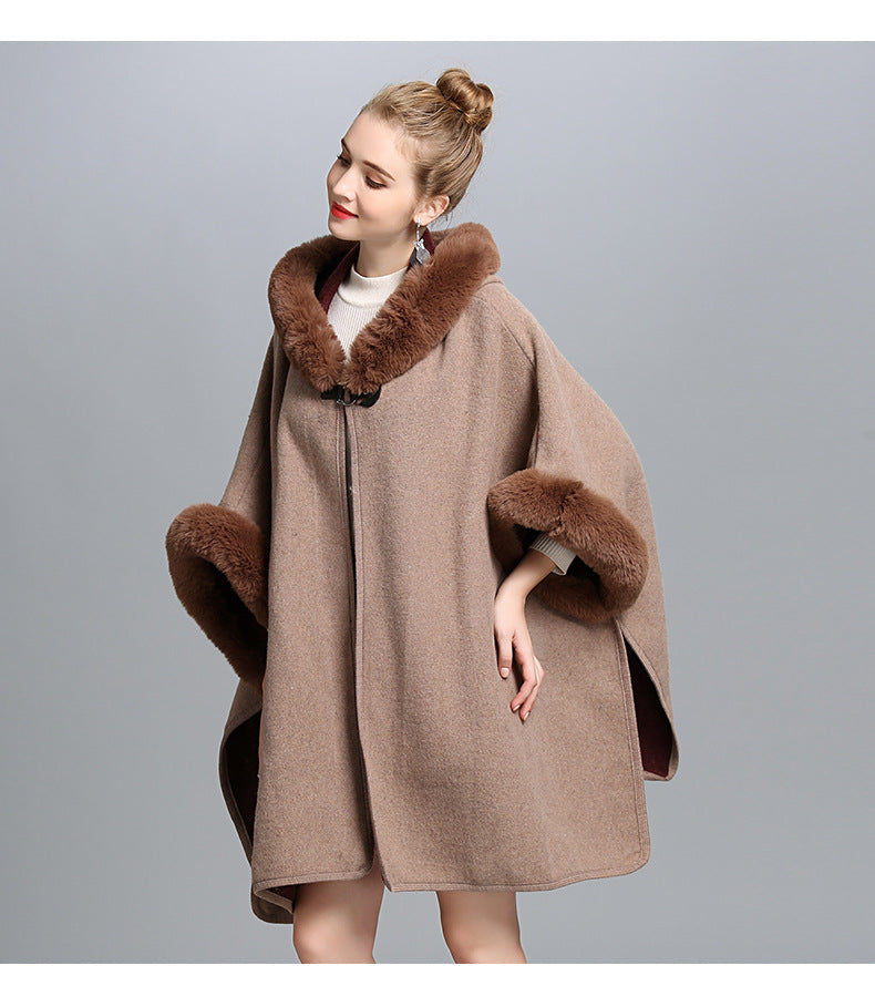 New Leather Ring Hooded Shawl Poncho - Brown - RokensCollection