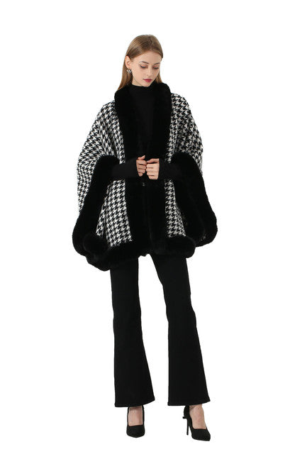 Houndstooth Single Wrap Fur Edge Poncho- Black - RokensCollection