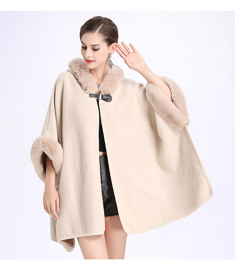 New Leather Ring Hooded Shawl Poncho - White - RokensCollection