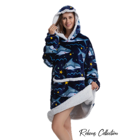 The Wearable Blanket Hoodie + Lamb Fleece Lining (Blue Shark) - RokensCollection