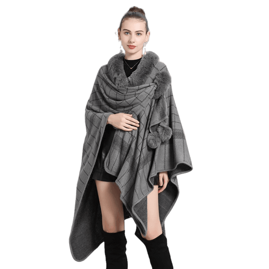 Slit Scarf Cashmere Poncho -Grey Print - RokensCollection