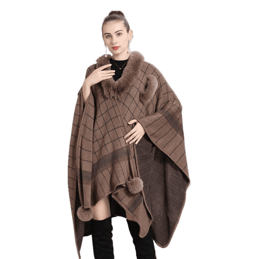 Slit Scarf Cashmere Poncho -Brown Print - RokensCollection