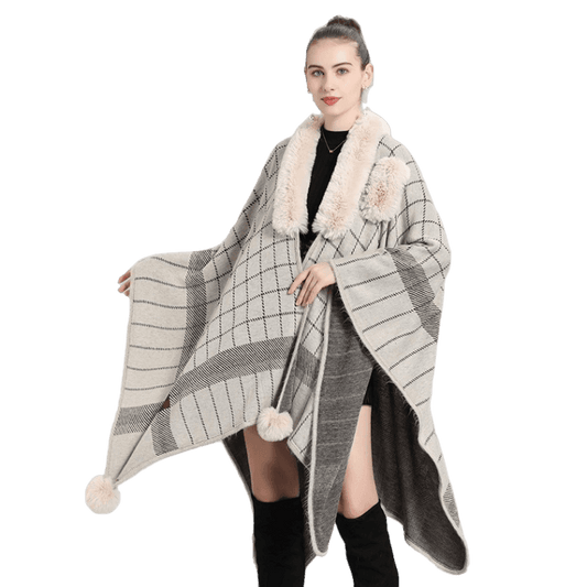 Slit Scarf Cashmere Poncho  -White Print - RokensCollection