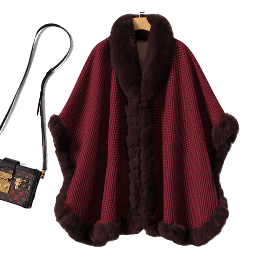 Houndstooth Double Layered Fur Poncho - Maroon - RokensCollection