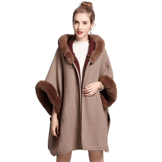 New Leather Ring Hooded Shawl Poncho - Brown - RokensCollection