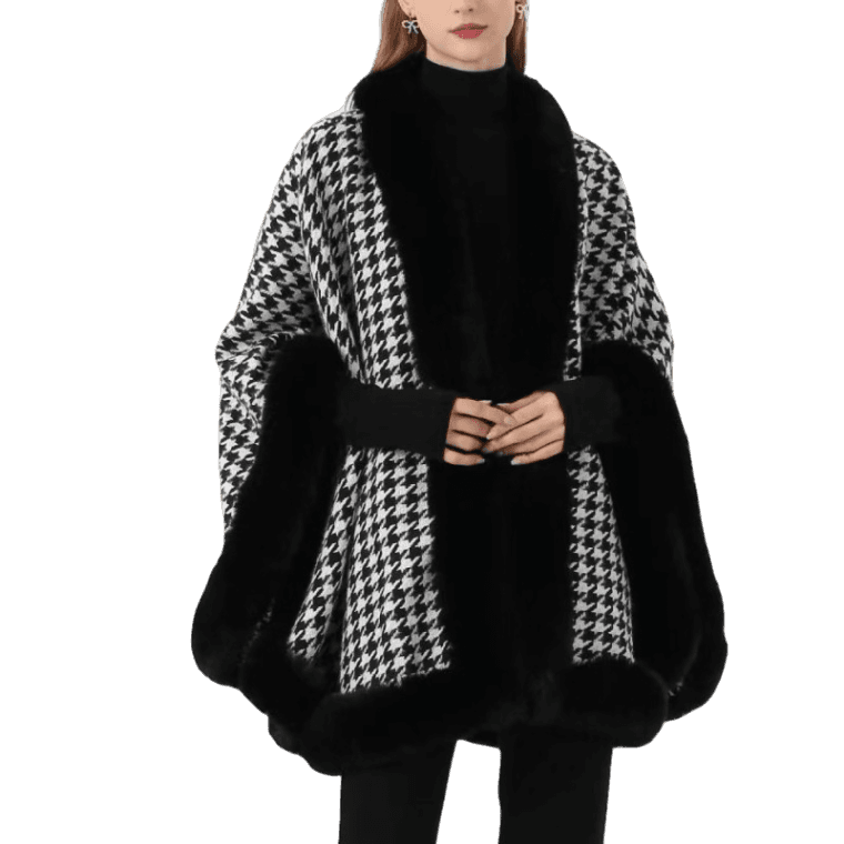 Houndstooth Single Wrap Fur Edge Poncho- Black - RokensCollection