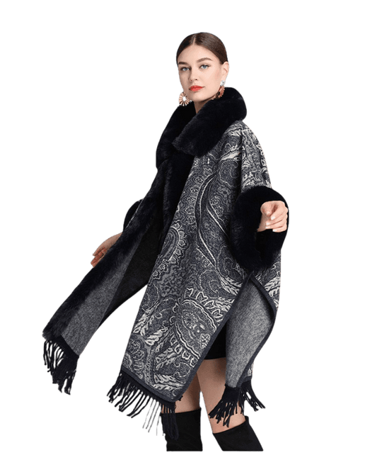 Oversize Rabbit Fur Collar Shawl Poncho - Black Print - RokensCollection